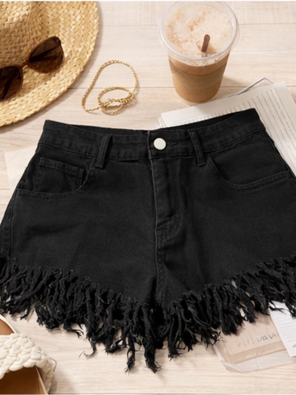 Black Distressed Fringe Denim Shorts High Rise 1XL Curve Y2K Festival